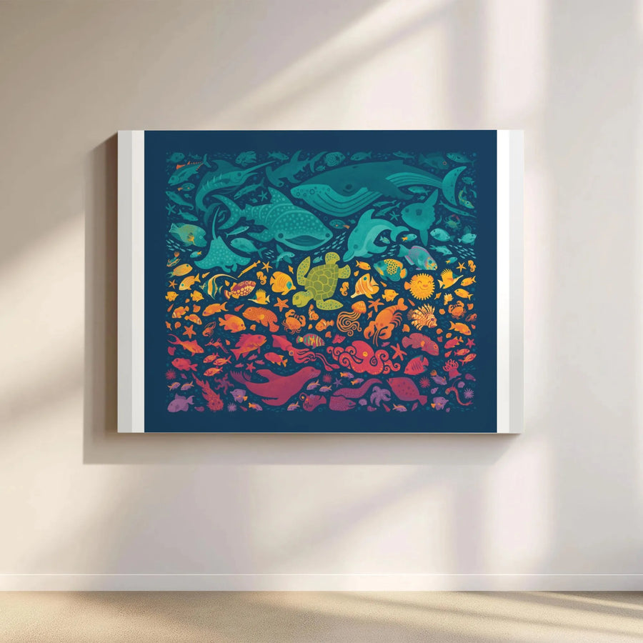Ocean Life Canvas Wall Art | Colorful Aquatic Animal Spectrum Print | Thick Gallery Wrap Canvas | Kids Room & Nursery Decor Gift