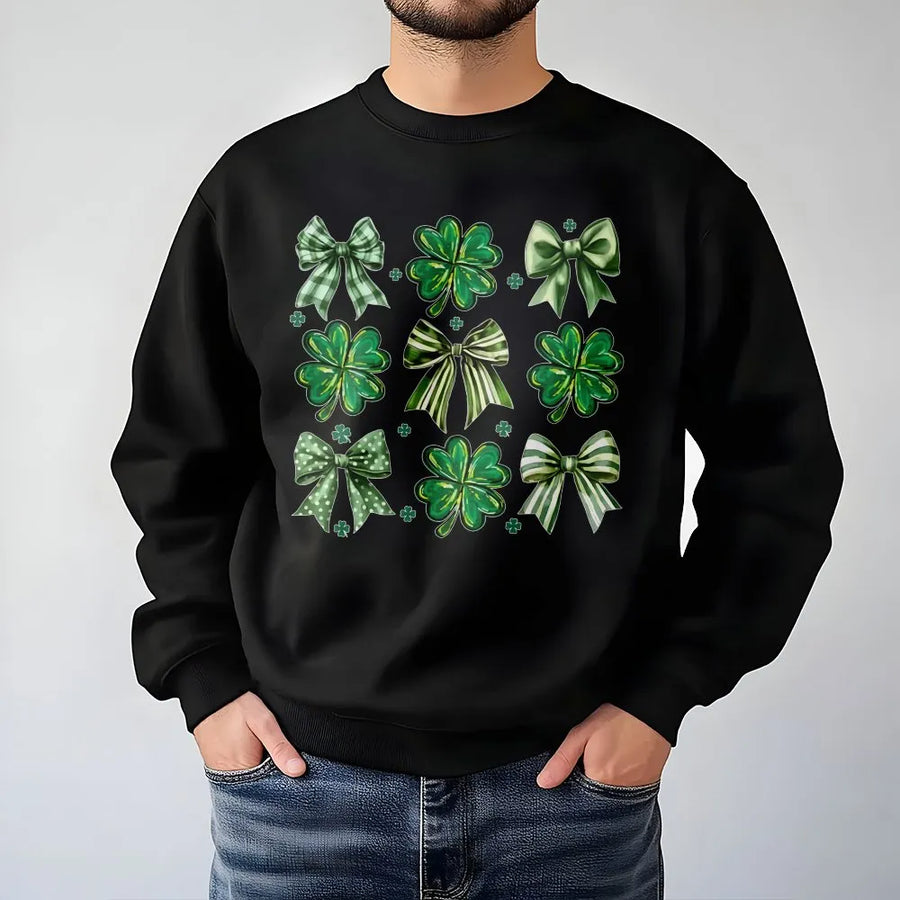 St. Patrick's Day Shamrock Sweatshirt | Cute Green Clover Bow Graphic | Premium Cotton Blend | Festive Irish Holiday Gift For Women