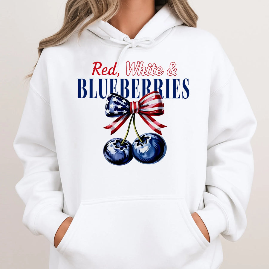 Red White and Blueberries Hoodie | Patriotic American Flag Bow Design | Premium Soft Unisex Pullover | 4th of July Independence Day Gift