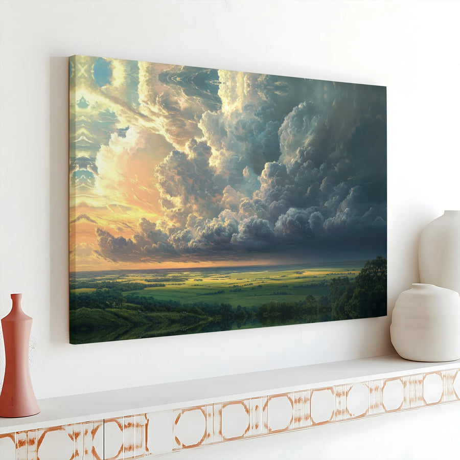 Stormy Cloud Landscape Canvas Wall Art | Dramatic Sunset Over Rolling Fields | Premium Gallery-Wrapped Print | Large Modern Home Office Decor Gift