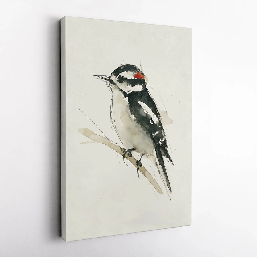 Downy Woodpecker Wall Art | Watercolor Ink Bird Illustration | Premium Gallery Wrap Canvas | Nature Lover Home Decor Gift