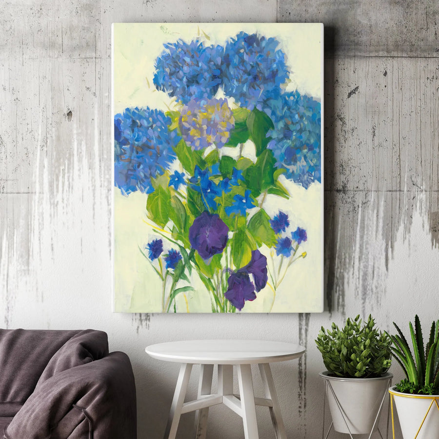 Blue Hydrangea Canvas Wall Art | Vintage Botanical Bouquet Painting Print | Premium Gallery Wrapped Canvas | Farmhouse Living Room Decor Gift