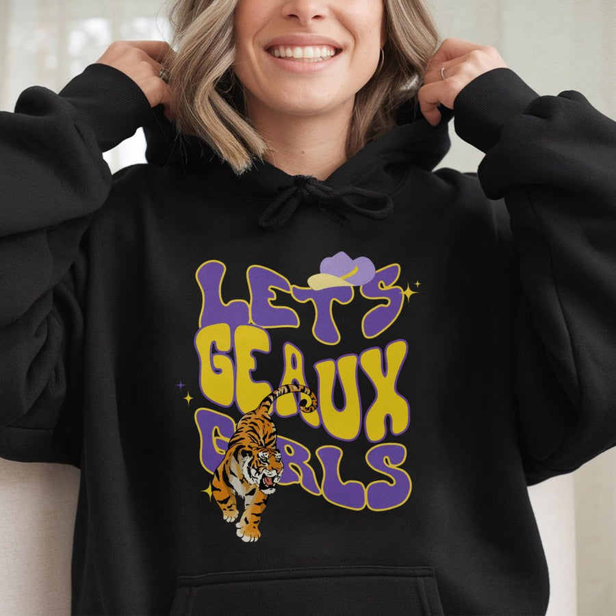 Lets Geaux Girls Hoodie | Retro Tiger Game Day Graphic | Premium Cotton Blend | Southern Collegiate Football Gift for Her