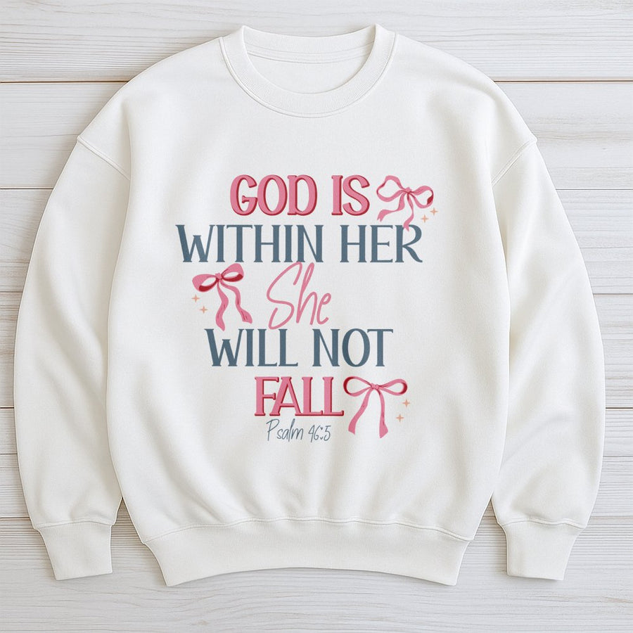 God Is Within Her Sweatshirt | Psalm 46:5 Bible Verse Graphic | Coquette Bow Aesthetic Crewneck | Christian Faith Gift for Women