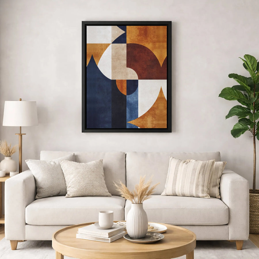 Abstract Geometric Canvas Wall Art | Mid Century Modern Shapes in Earth Tones and Navy | 1.25 Inch Gallery Wrap | Premium Minimalist Home Decor