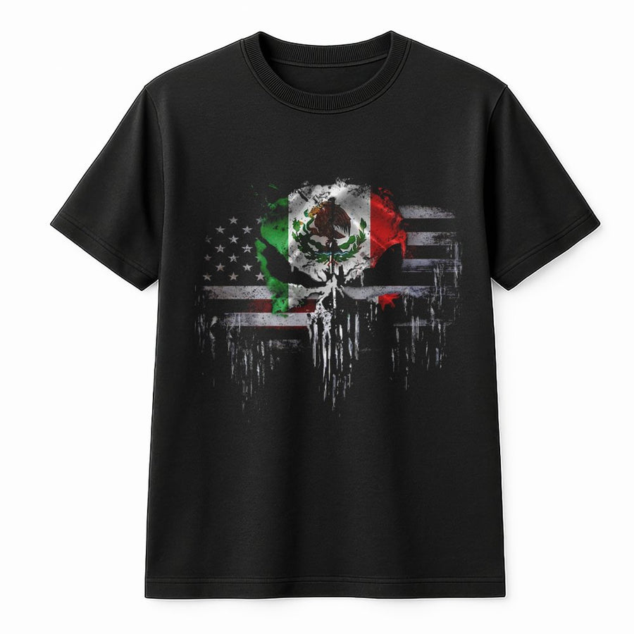 Mexican American Flag Skull T-Shirt | Distressed Heritage Graphic Tee | 100% Cotton Premium Quality | Gift for Mexican Heritage Pride Month