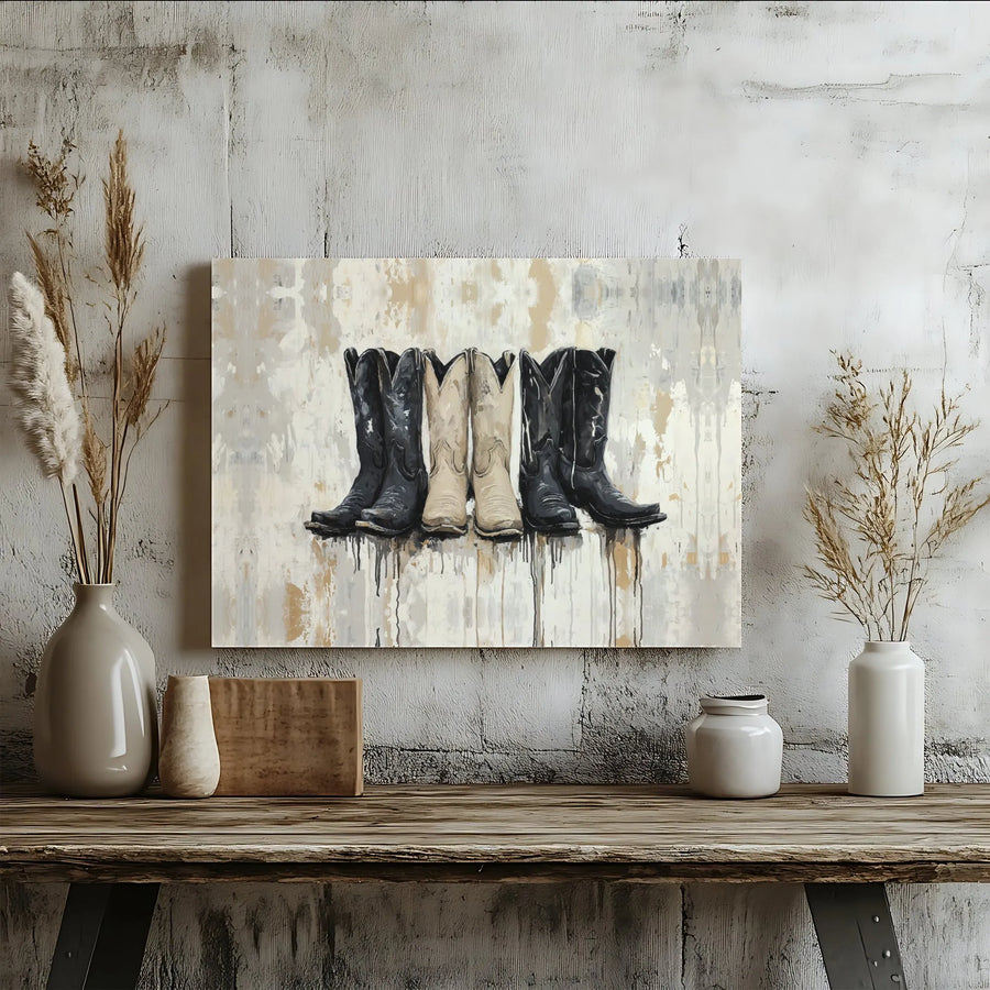 Cowboy Boots Wall Art | Abstract Drip Painting | Premium Gallery-Wrapped Canvas | Western Farmhouse Decor for Living Room