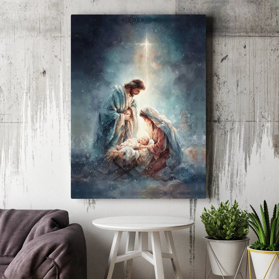 Nativity Scene Canvas Print | Holy Family Watercolor Art | Premium Gallery Wrapped Wall Decor | Christian Christmas Holiday Gift