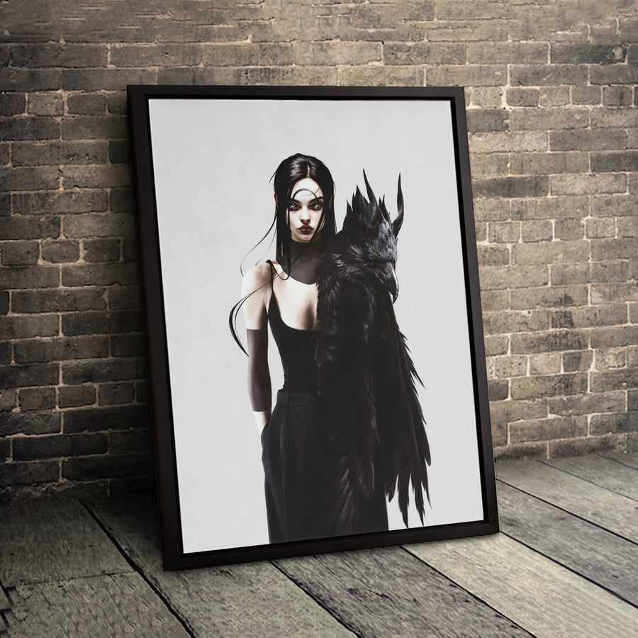 Gothic Woman With Raven Canvas Wall Art | Dark Fantasy Witch Aesthetic | Premium Fade-Resistant Gallery Wrap | Moody Home Decor Gift