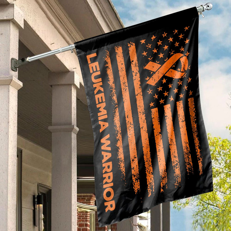 Leukemia Warrior House Flag | Distressed American Flag Orange Ribbon | Premium Fade-Resistant Polyester | Cancer Awareness Outdoor Decor Gift