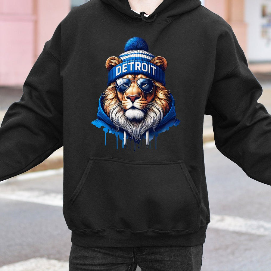 Detroit Lion Wearing Beanie And Sunglasses Hoodie