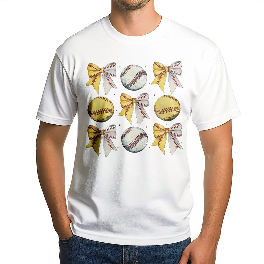 Baseball Softball Bow T-Shirt | Aesthetic Coquette Sports Graphic | Premium Soft Cotton Tee | Gift for Softball Moms and Players
