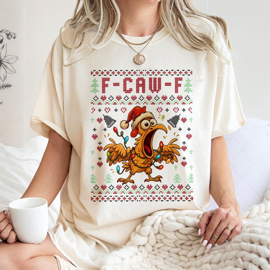 F-Caw-F Ugly Christmas T-Shirt | Funny Chicken Holiday Graphic Design | 100% Soft Cotton Premium Tee | Humorous Xmas Party Gift for Men and Women