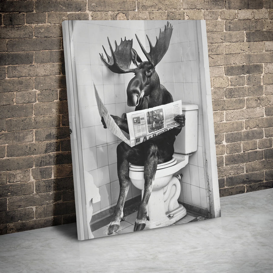 Moose Reading Newspaper on Toilet Canvas Art | Funny Bathroom Wall Decor | 1.25-Inch Gallery Wrap Canvas | Unique Humorous Gift for Men and Women