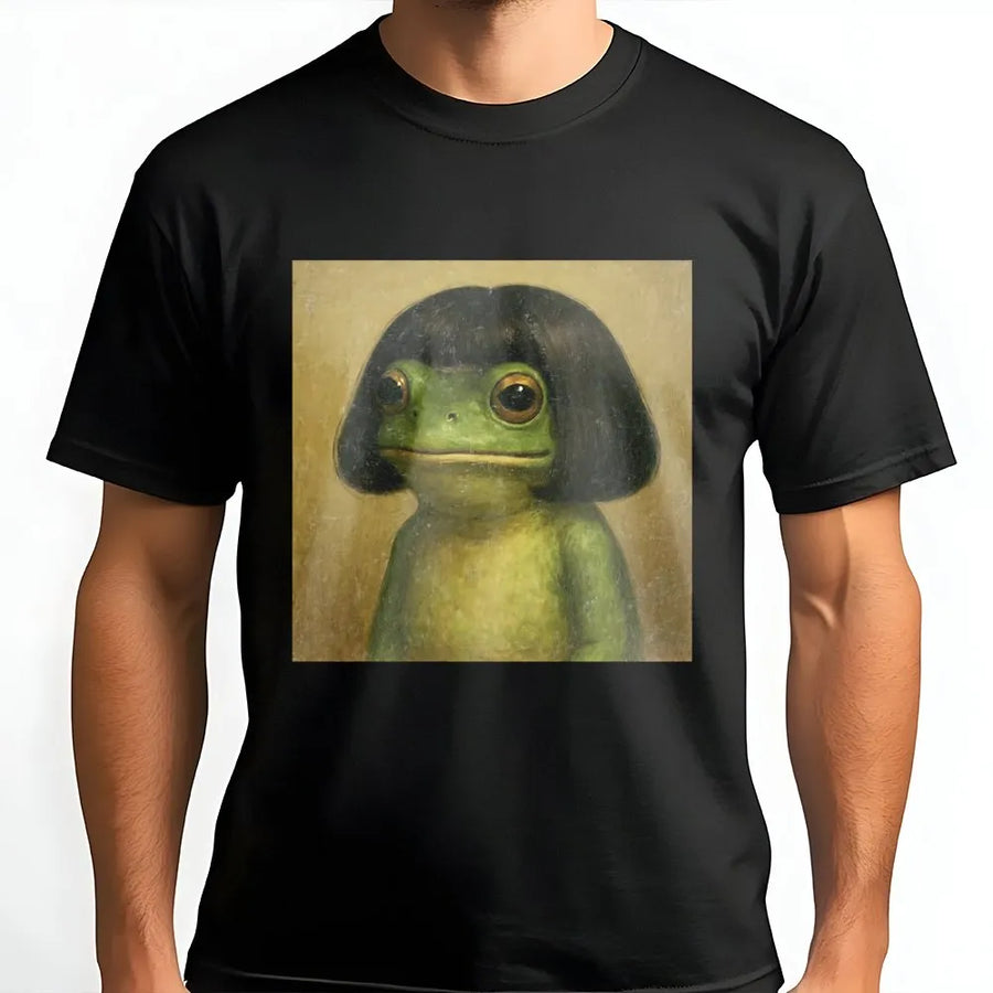 Frog With Wig Meme T-Shirt | Funny Aesthetic Frogcore Graphic Tee | Premium Cotton Casual Apparel | Quirky Gift for Frog Lovers & Internet Culture