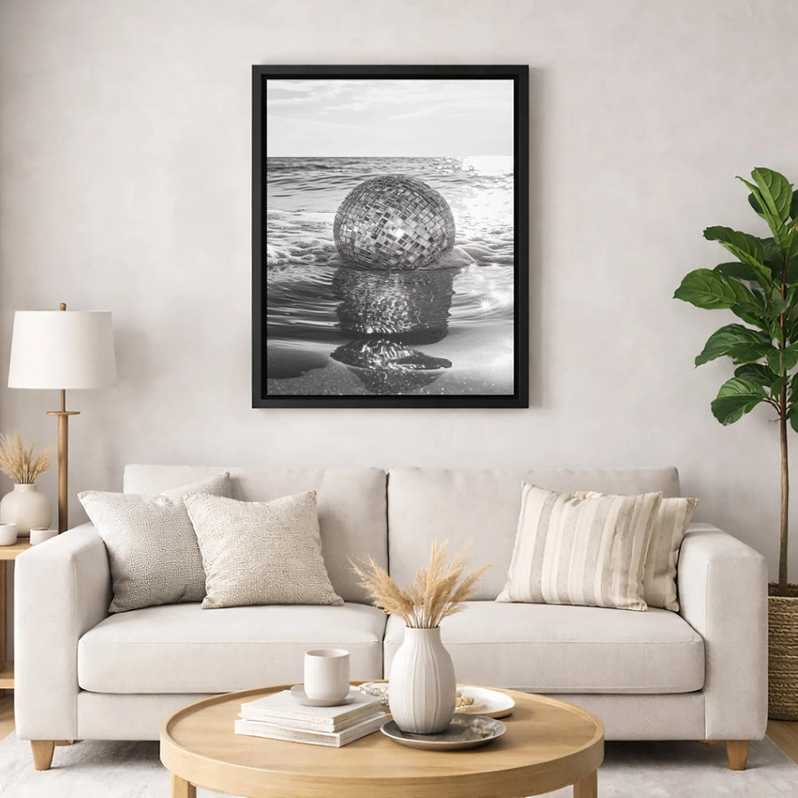 Disco Ball Beach Canvas Wall Art | Surreal Ocean Reflection Print | Premium Gallery Wrap 1.25" Profile | Modern Aesthetic Home Decor Gift