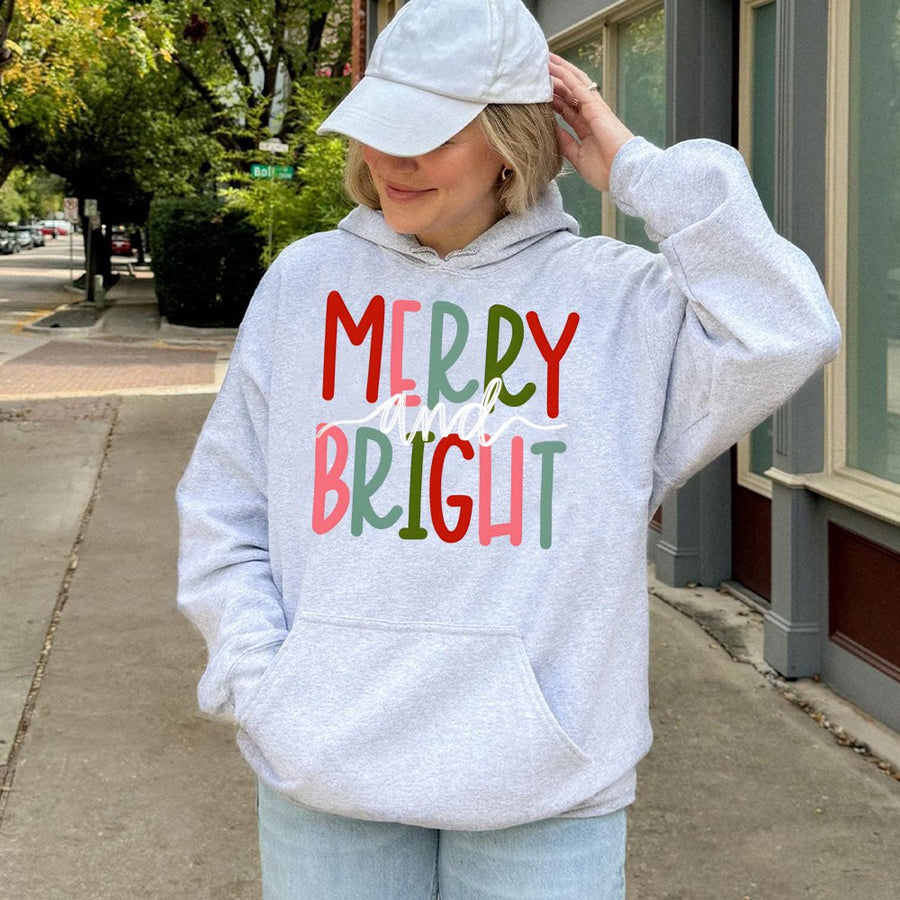 Merry And Bright Hoodie | Retro Christmas Graphic Sweatshirt | Cotton-Polyester Premium Blend | Festive Holiday Gift For Women And Men