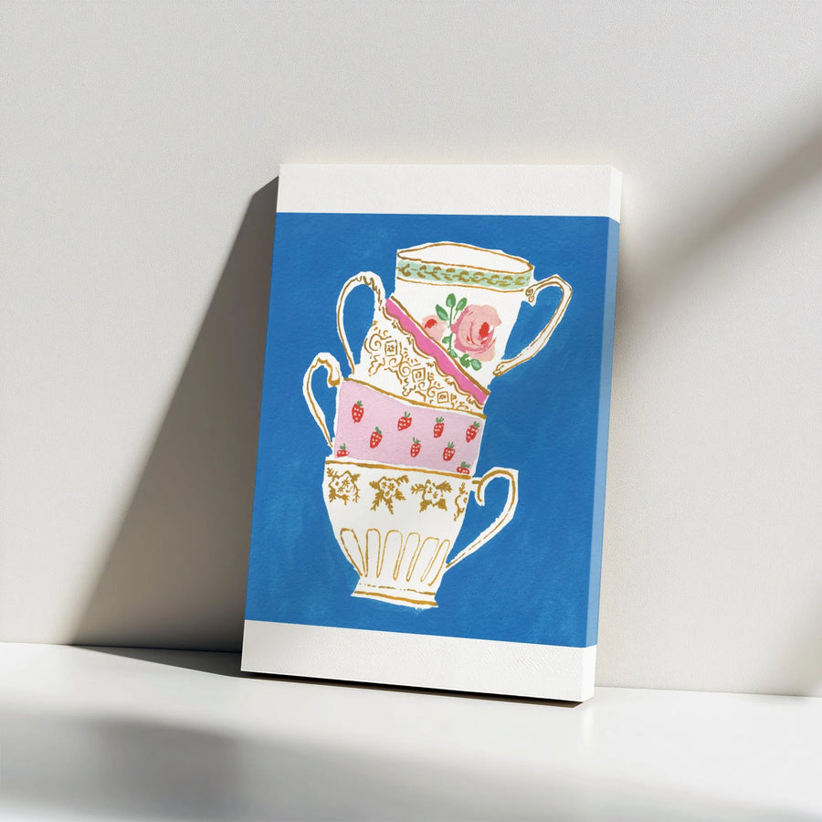 Vintage Tea Cup Canvas Wall Art | Whimsical Stacked Teacup Painting | Premium Gallery Wrapped Canvas | Kitchen & Cafe Wall Decor Gift