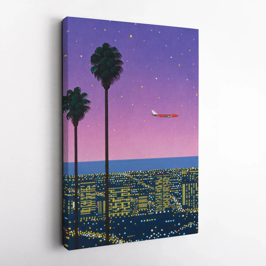Retro Cityscape Canvas Print | Vaporwave Palm Trees at Night | Premium Gallery Wall Art | 80s Style Home Decor Gift