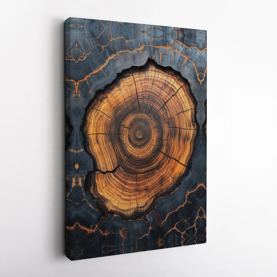 Abstract Tree Ring Wall Art | Charred Wood With Golden Cracks | Premium Fade-Resistant Canvas | Modern Home & Office Decor Gift