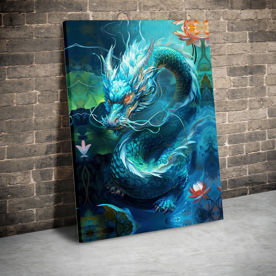 Chinese Dragon Canvas Wall Art | Teal Water Dragon with Lotus Flowers | Premium Gallery Wrapped Canvas | Modern Asian Fantasy Art Gift