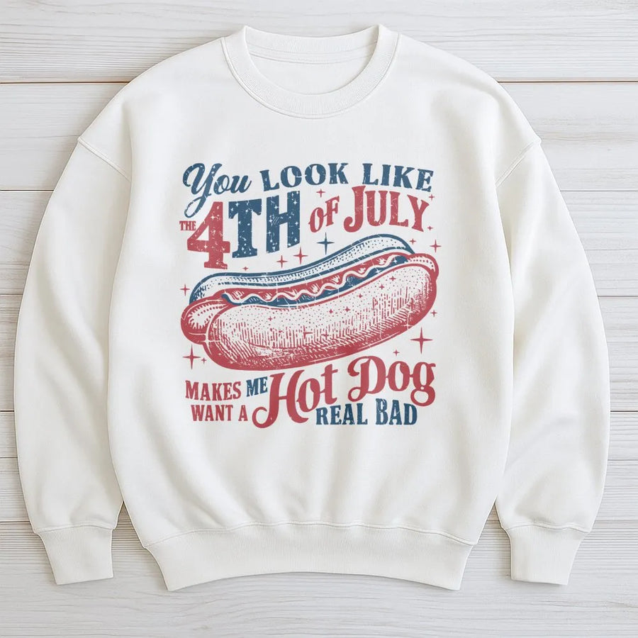 4th of July Sweatshirt | Funny Hot Dog Lover Graphic | Premium Cotton Blend Crewneck | Independence Day Party Outfit Gift for Him or Her