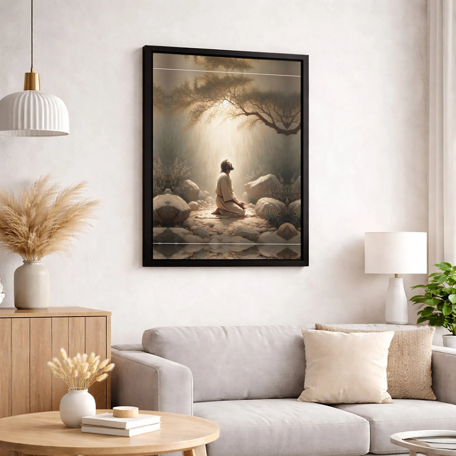 Jesus Praying In Gethsemane Wall Art | Spiritual Light From Heaven Canvas Print | Premium Gallery-Wrapped Decor | Religious Christian Gift