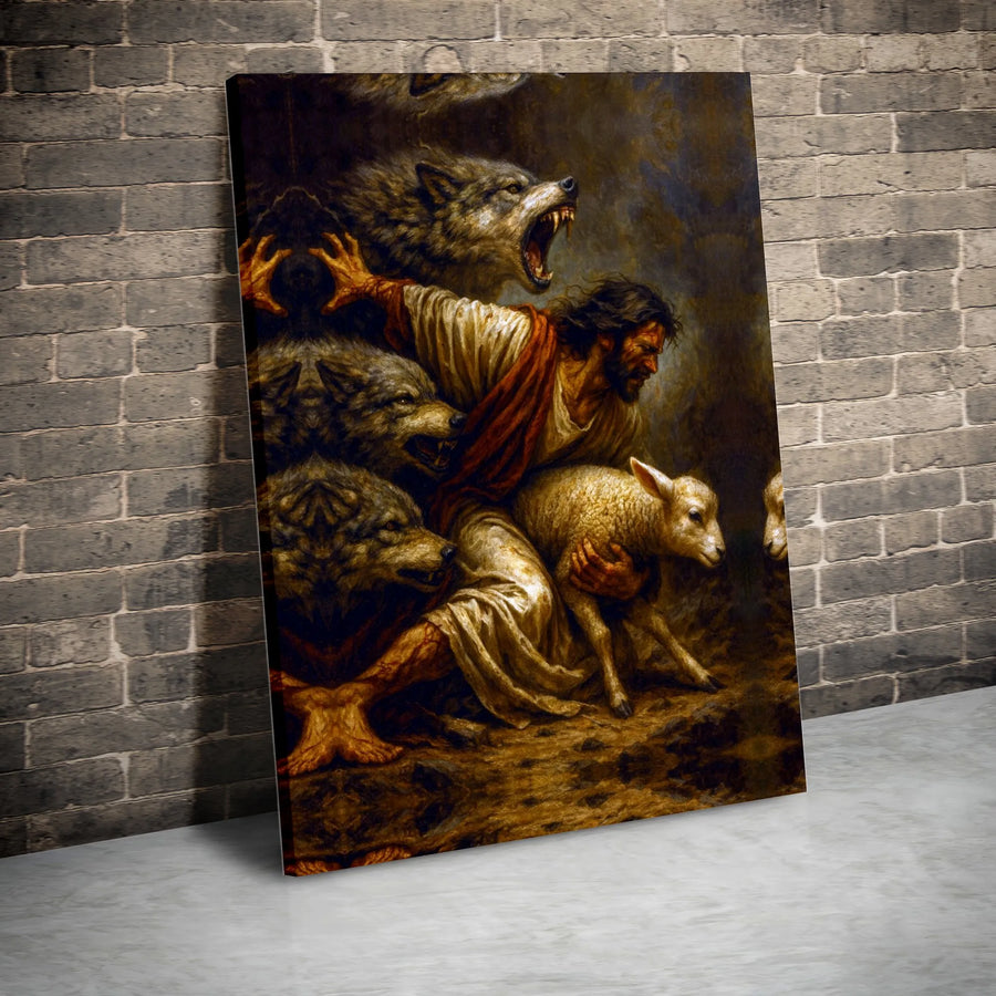 Jesus Good Shepherd Canvas Art | Religious Wall Decor Featuring Protecting Lamb from Wolves | Premium Gallery Wrap Print | Faithful Home Decor Gift