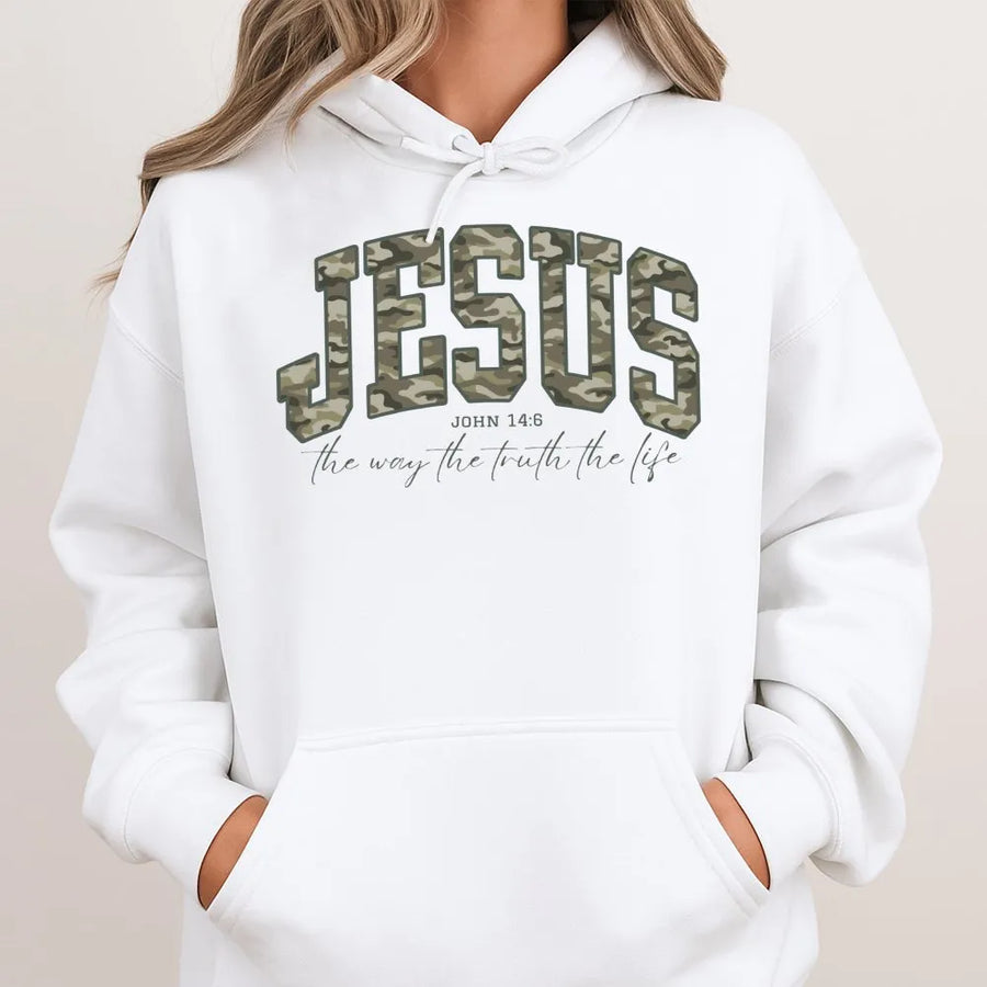 Jesus Camo Hoodie | John 14:6 Bible Verse Graphic | Premium Cotton Blend Faith Apparel | Christian Gift for Men and Women