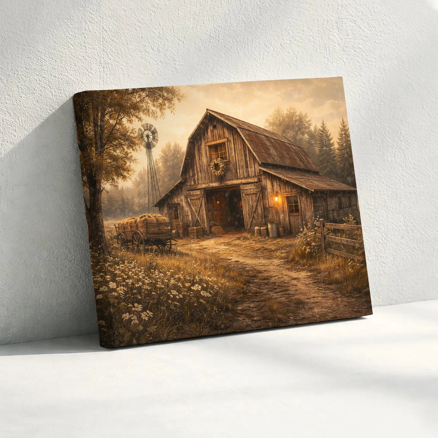 Rustic Barn Canvas Wall Art | Country Farmhouse Landscape Painting | Premium Gallery Wrapped Canvas | Farmhouse Living Room Decor Gift
