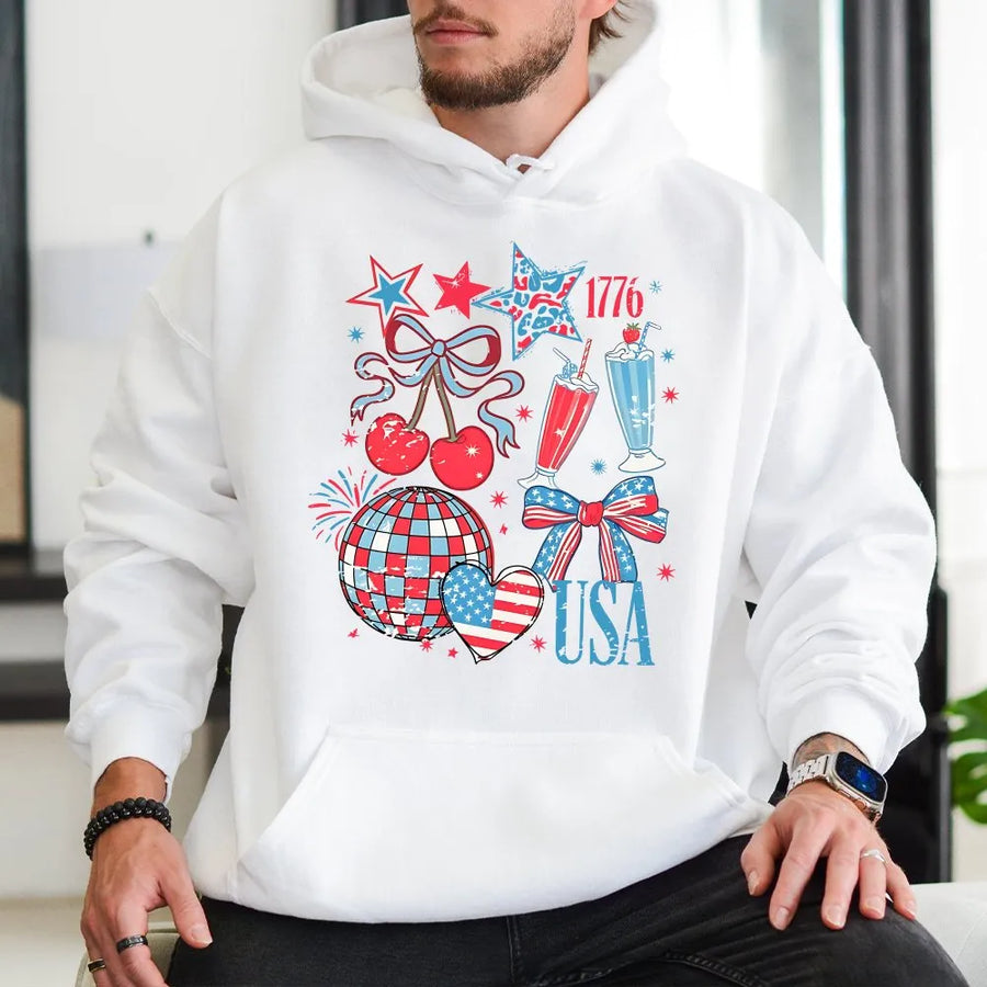 USA Coquette Hoodie | Grunge Aesthetic American Flag Graphic | Soft Cotton-Polyester Blend | Patriotic Fourth of July Gift for Her