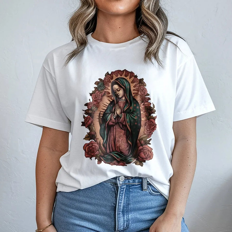 Virgen De Guadalupe T-Shirt | Floral Virgin Mary Religious Art | Premium 100% Cotton Tee | Catholic Faith Gift For Men And Women