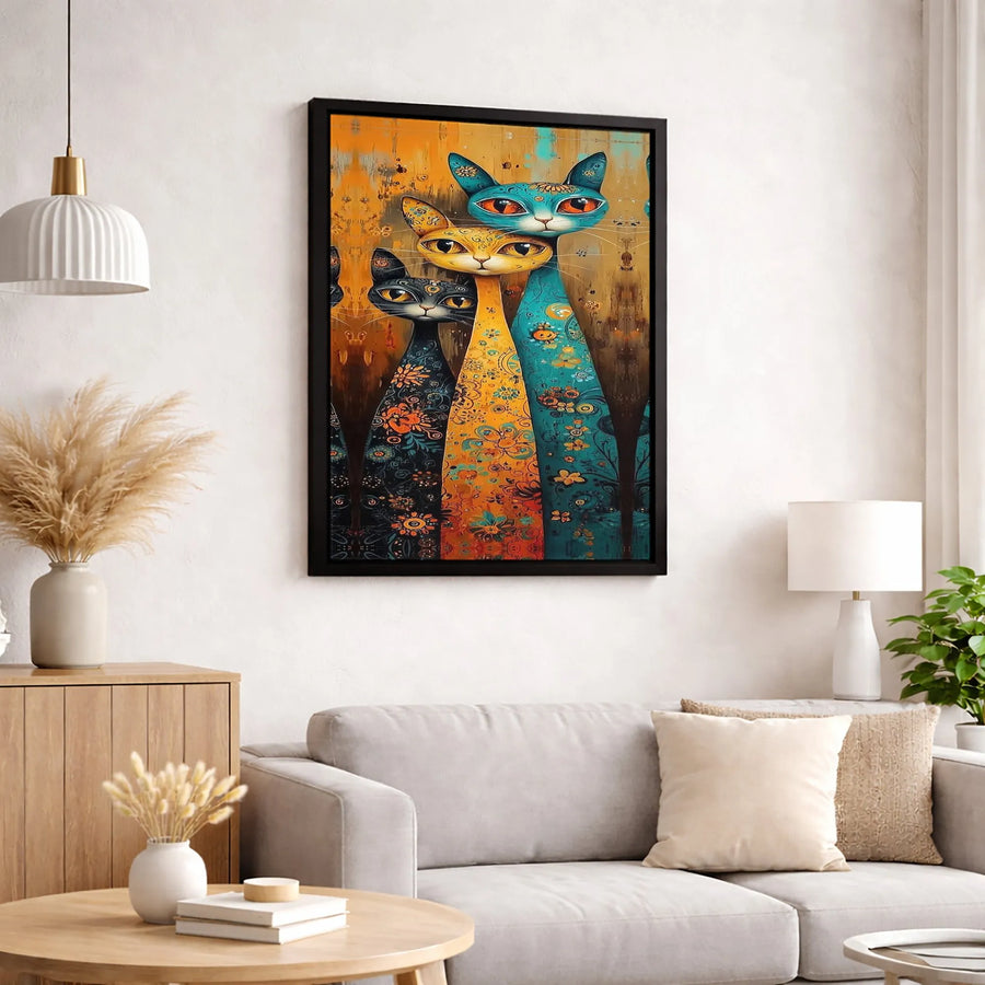 Abstract Cat Canvas Wall Art | Colorful Floral Bohemian Kittens | Premium Gallery-Wrapped Print | Whimsical Home Decor Gift for Cat Lovers