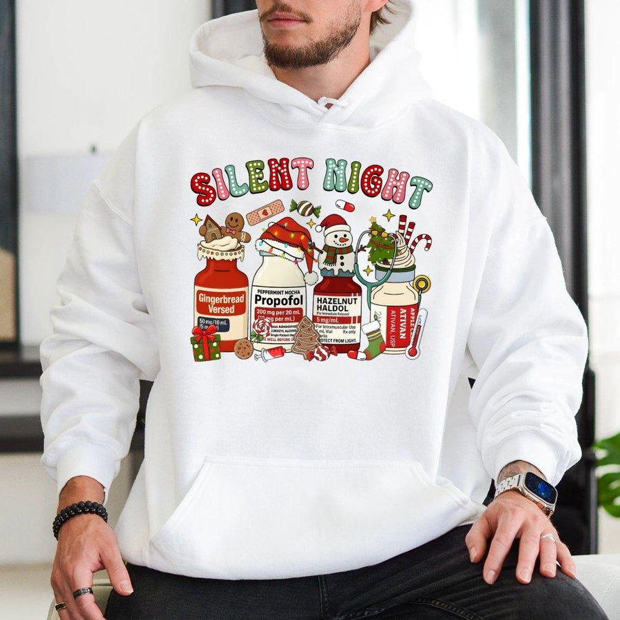 Silent Night Christmas Hoodie | Funny Medical Medicine Vial Graphic | Premium Cotton Blend | Gift for Nurses and Healthcare Workers