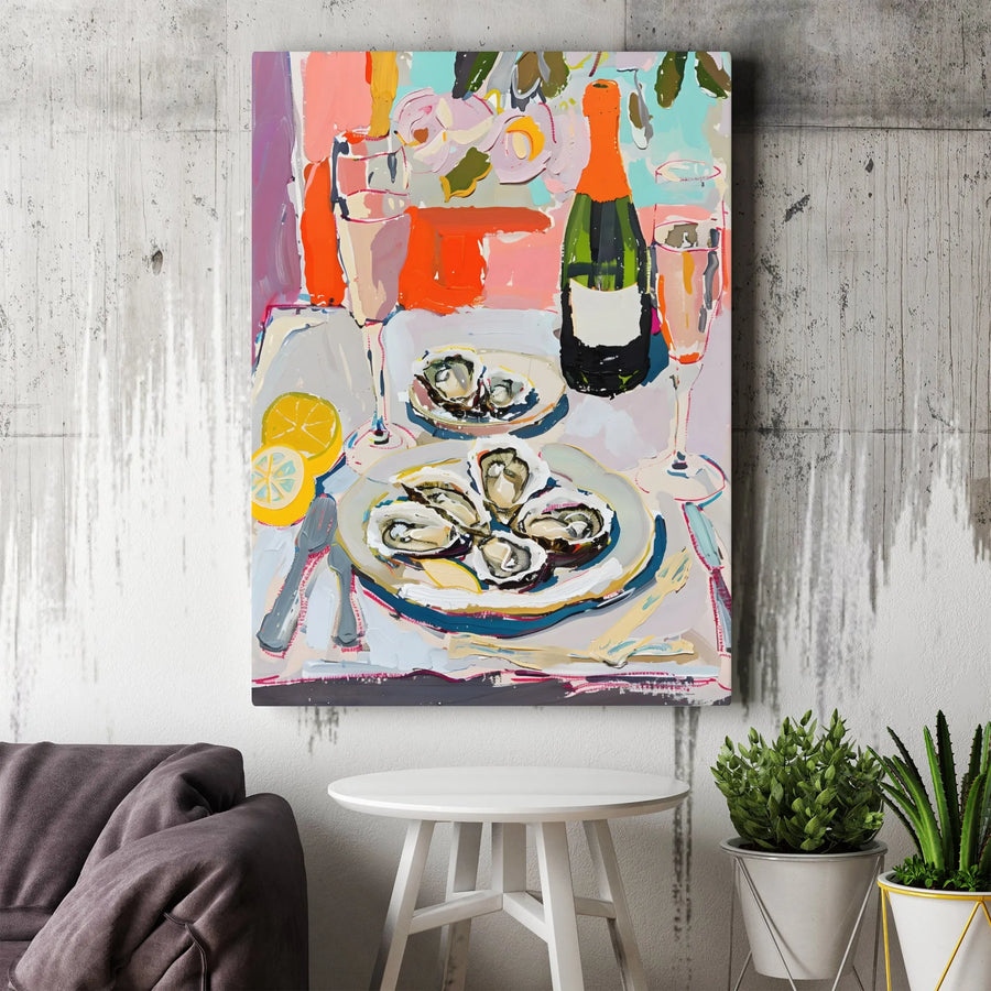 Oyster and Champagne Canvas Print | Abstract Still Life Wall Art | Premium Gallery Wrap 1.25 Inch | Modern Kitchen or Dining Room Decor Gift