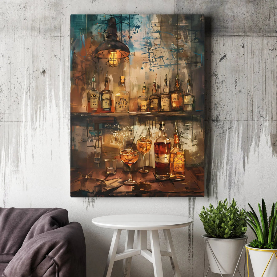 Whiskey Bar Wall Art | Abstract Rustic Tavern Liquor Bottle Print | Premium 1.25-Inch Gallery Canvas | Man Cave Home Decor Gift