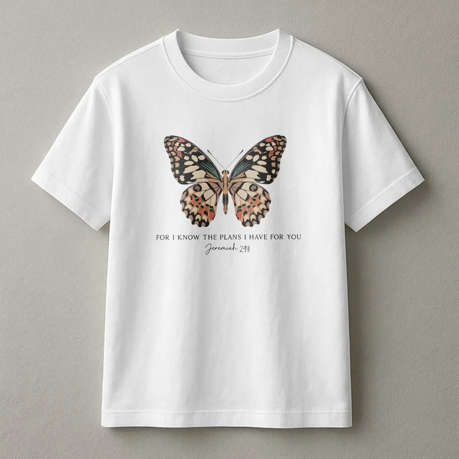 Christian Butterfly T-Shirt | Jeremiah 29:11 Bible Verse Art | Soft Cotton Blend Pullover | Inspirational Faith Based Gift for Women