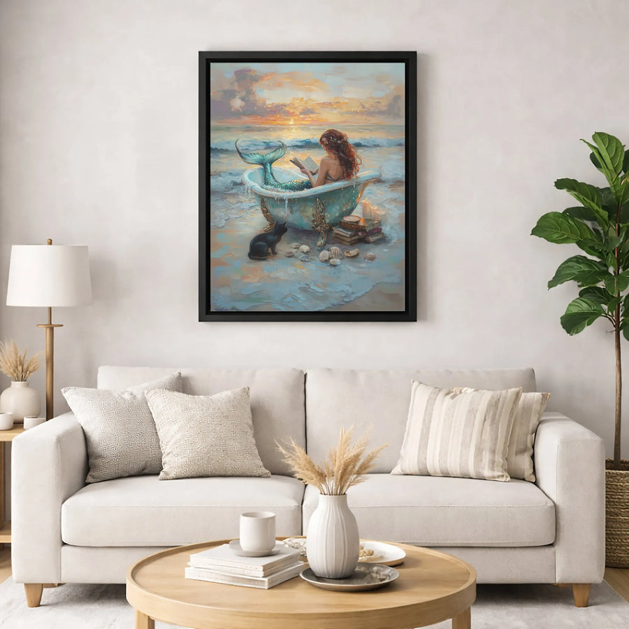 Mermaid Wall Art Canvas | Enchanting Sunset Beach Reading Illustration | Premium Gallery Wrapped Decor | Whimsical Ocean Fantasy Gift for Book Lovers