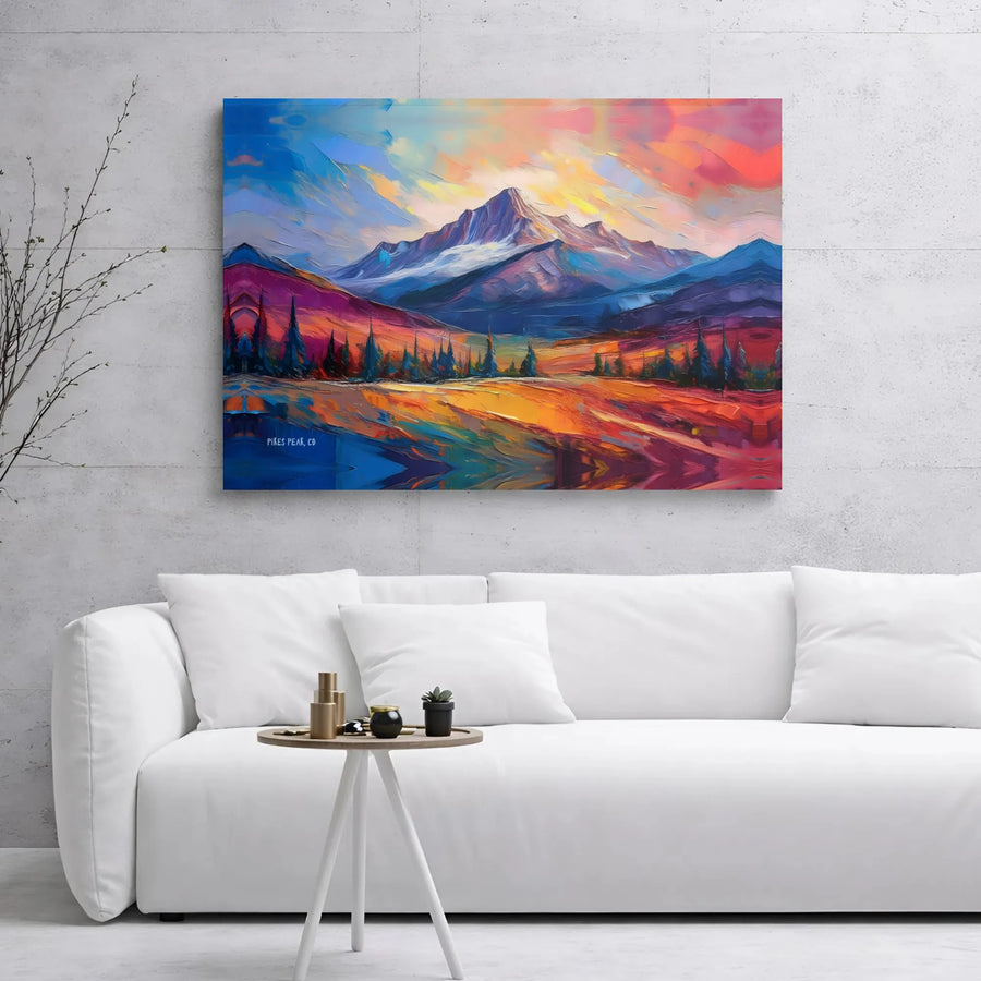 Pikes Peak Mountain Landscape Canvas Art | Vibrant Abstract Colorado Nature Painting | Premium 1.25" Gallery Wrap | Modern Home Office Decor Gift
