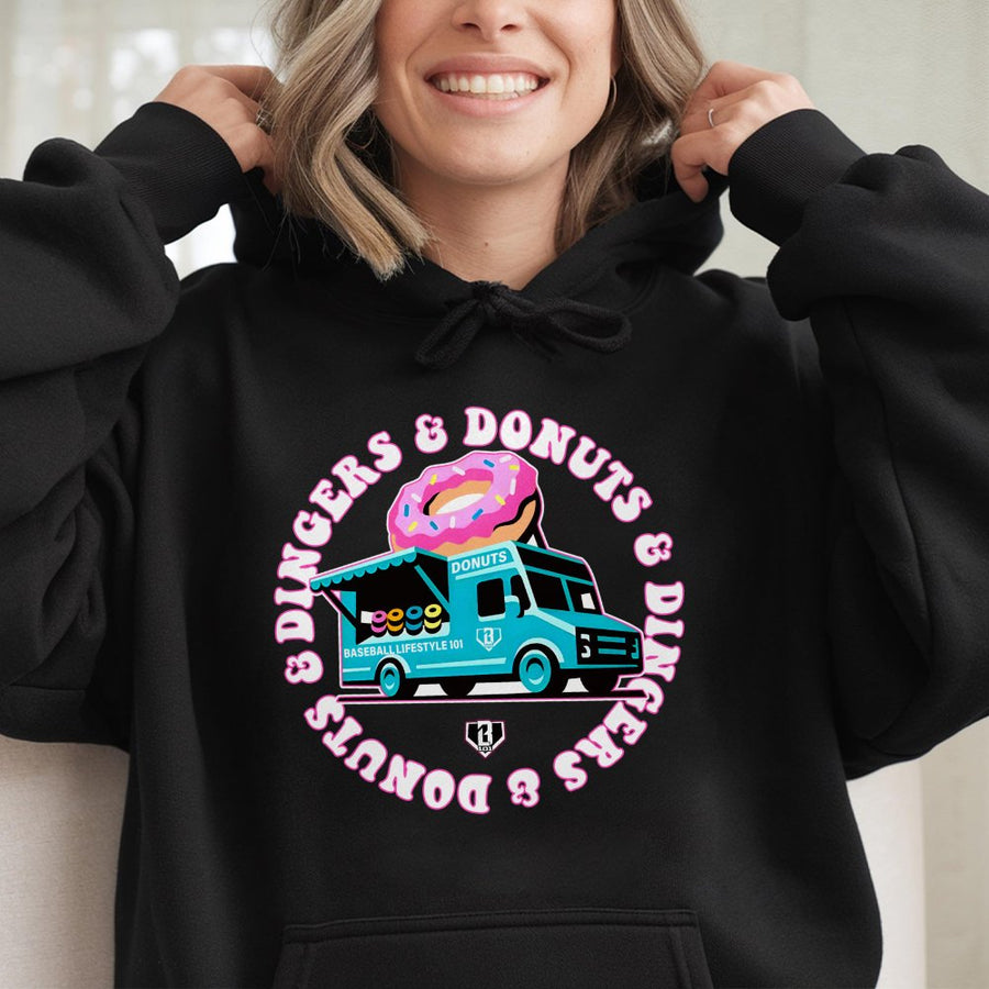 Baseball Donut Truck Hoodie | Funny Food Graphic Pullover | Soft Cotton-Polyester Blend | Sporty Gift For Baseball Fans & Players