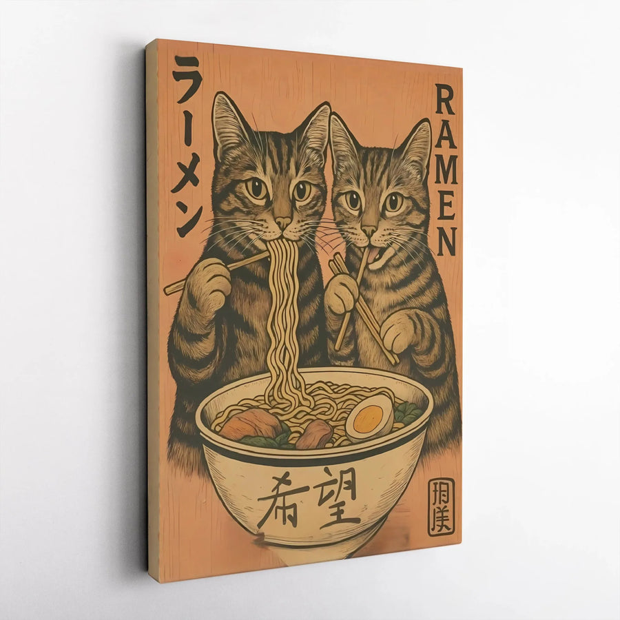 Japanese Ramen Cat Canvas Print | Cute Tabby Cats Eating Noodles Wall Art | Premium Gallery-Wrapped Canvas | Kitchen Decor Gift for Cat Lovers