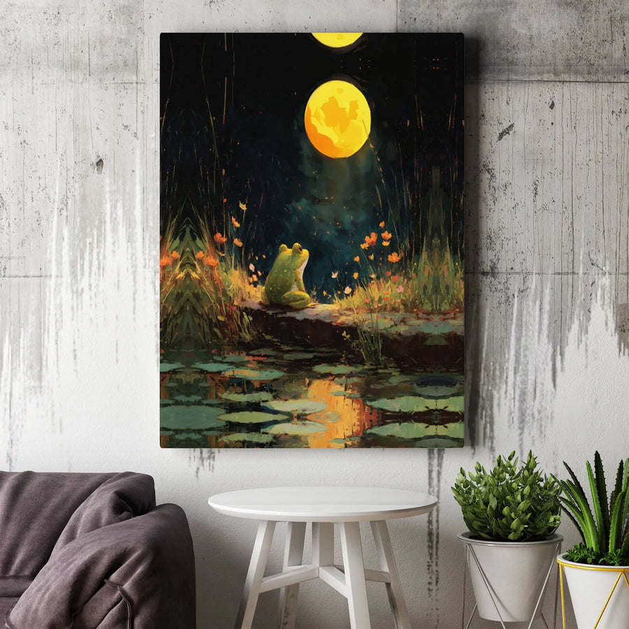 Frog Wall Art Canvas | Moody Night Full Moon Pond Scene | Premium Gallery Wrap Print | Whimsical Nature Lover Gift Decor