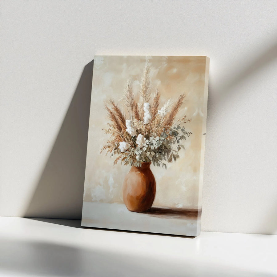 Boho Dried Flowers Canvas Art | Pampas Grass In Terracotta Vase | Premium Gallery Wrap Wall Decor | Neutral Minimalist Living Room Gift