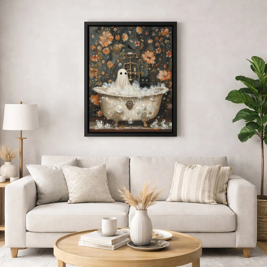Ghost and Black Cat Wall Art | Vintage Bathtub Floral Decor | Gallery Wrapped Premium Canvas | Spooky Halloween Home Decor Gift