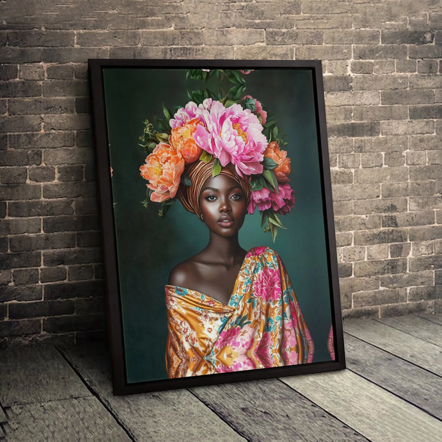 African Woman Portrait Wall Art | Floral Peony Head Wrap Canvas Print | Premium Gallery Wrapped Decor | Black Art Home Gift