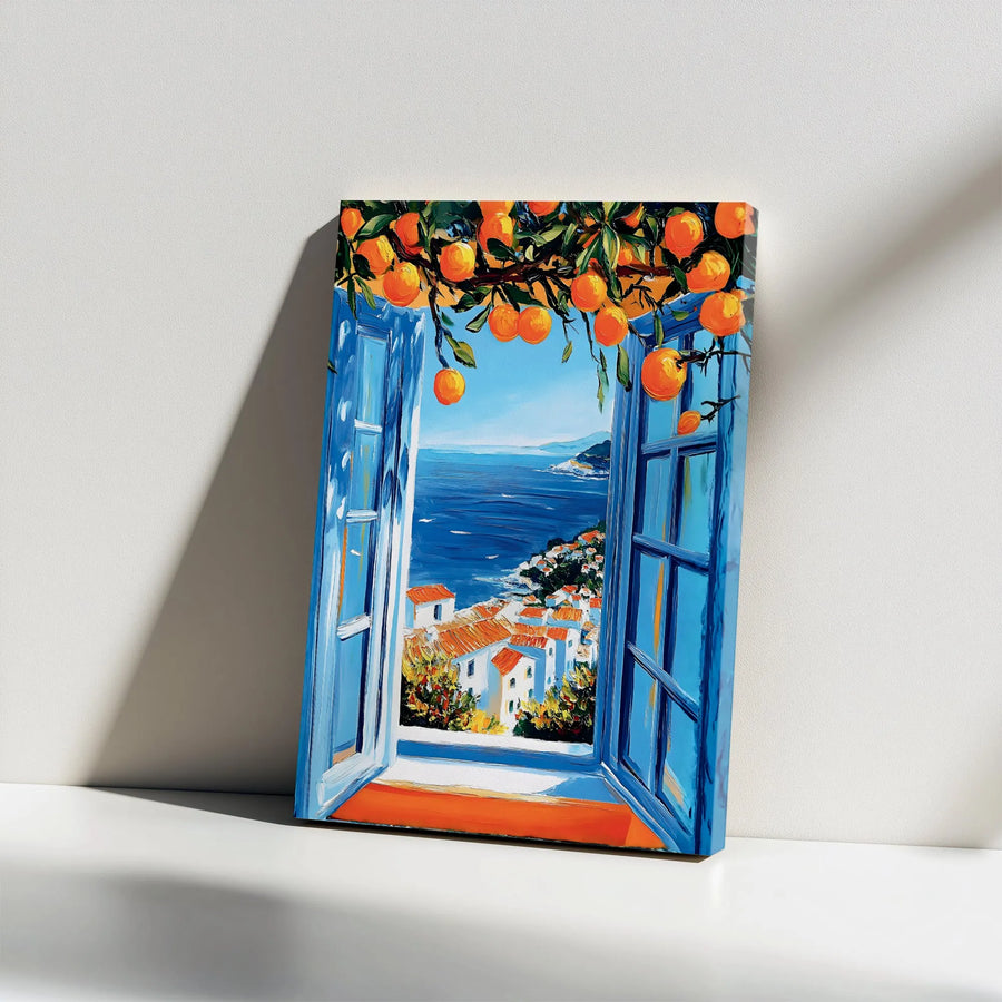 Mediterranean Window Canvas Art | Coastal Village View with Orange Trees | Premium Gallery Wrapped Print | Italian Summer Kitchen Decor Gift