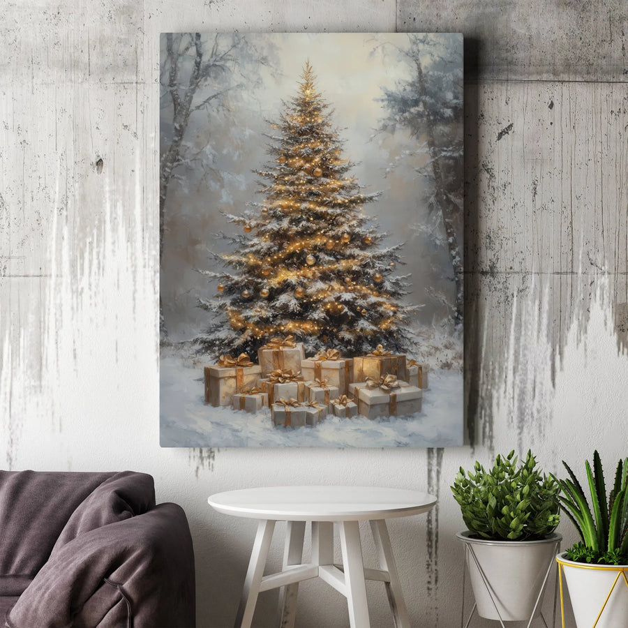 Christmas Tree Canvas Wall Art | Snowy Winter Forest Landscape with Gold Gift Boxes | Premium Gallery-Wrapped Print | Festive Holiday Home Decor