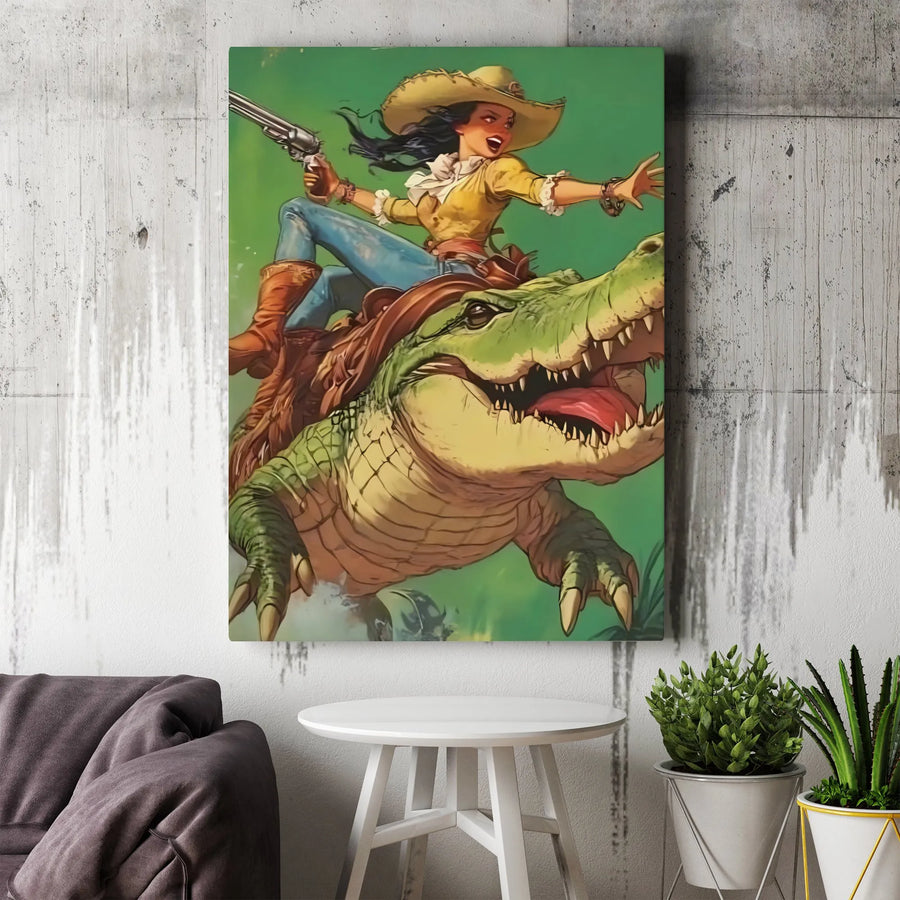 Cowgirl Riding Alligator Canvas Print | Western Fantasy Art | Premium Gallery Wrapped 1.25" Profile | Unique Wall Decor Gift for Her