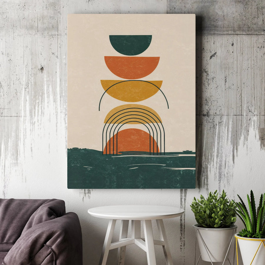 Abstract Geometric Wall Art | Boho Sun And Rainbow Arches | Premium Gallery Wrapped Canvas | Minimalist Home Decor Gift