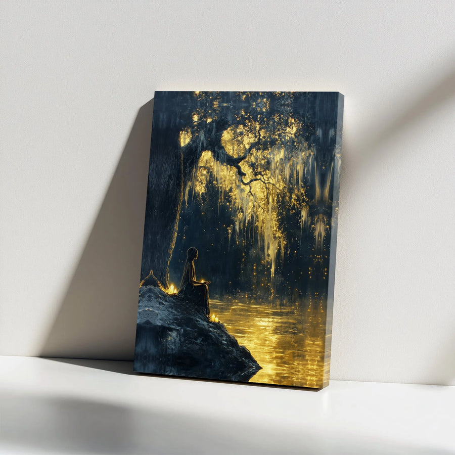 Meditating Woman Canvas Print | Ethereal Golden Forest Wall Art | Premium Gallery-Wrapped Decor | Spiritual Home Office Gift